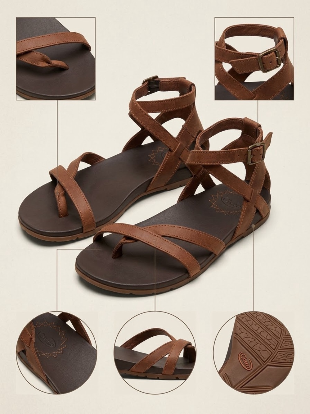 Chaco Wayfarer Brown Leather Gladiator Ankle Strap Sandals | 7